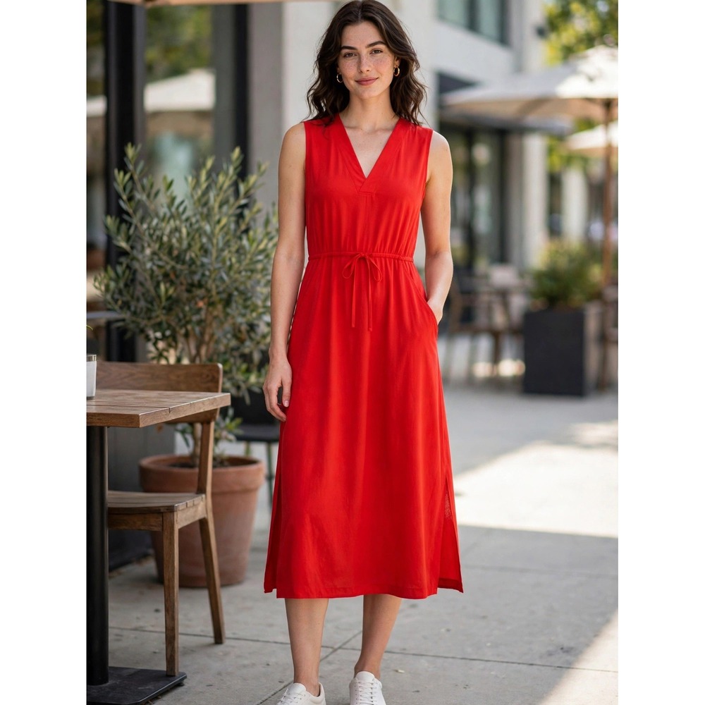 Athleta Sleeveless V-Neck Drawstring Midi Dress Red Pockets 558664 Size M